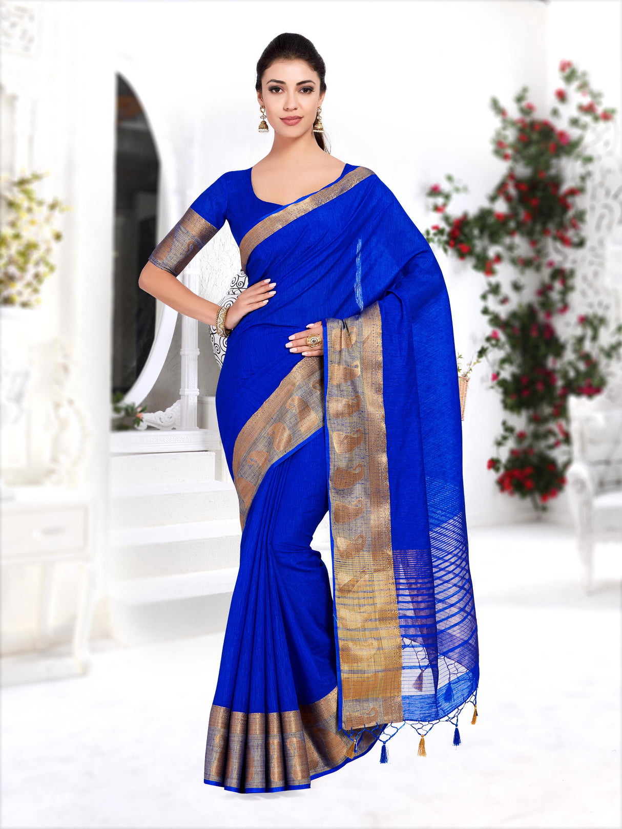 Mimosa Womens Linen Saree Kanjivaram style Royal Blue Color