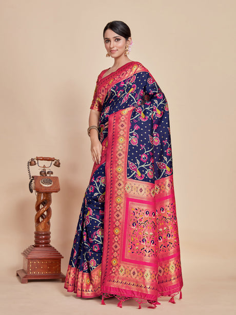 Mimosa Women's Woven Design Kanjivaram Style Art Silk Saree With Blouse Piece : SA00001416NVFREE