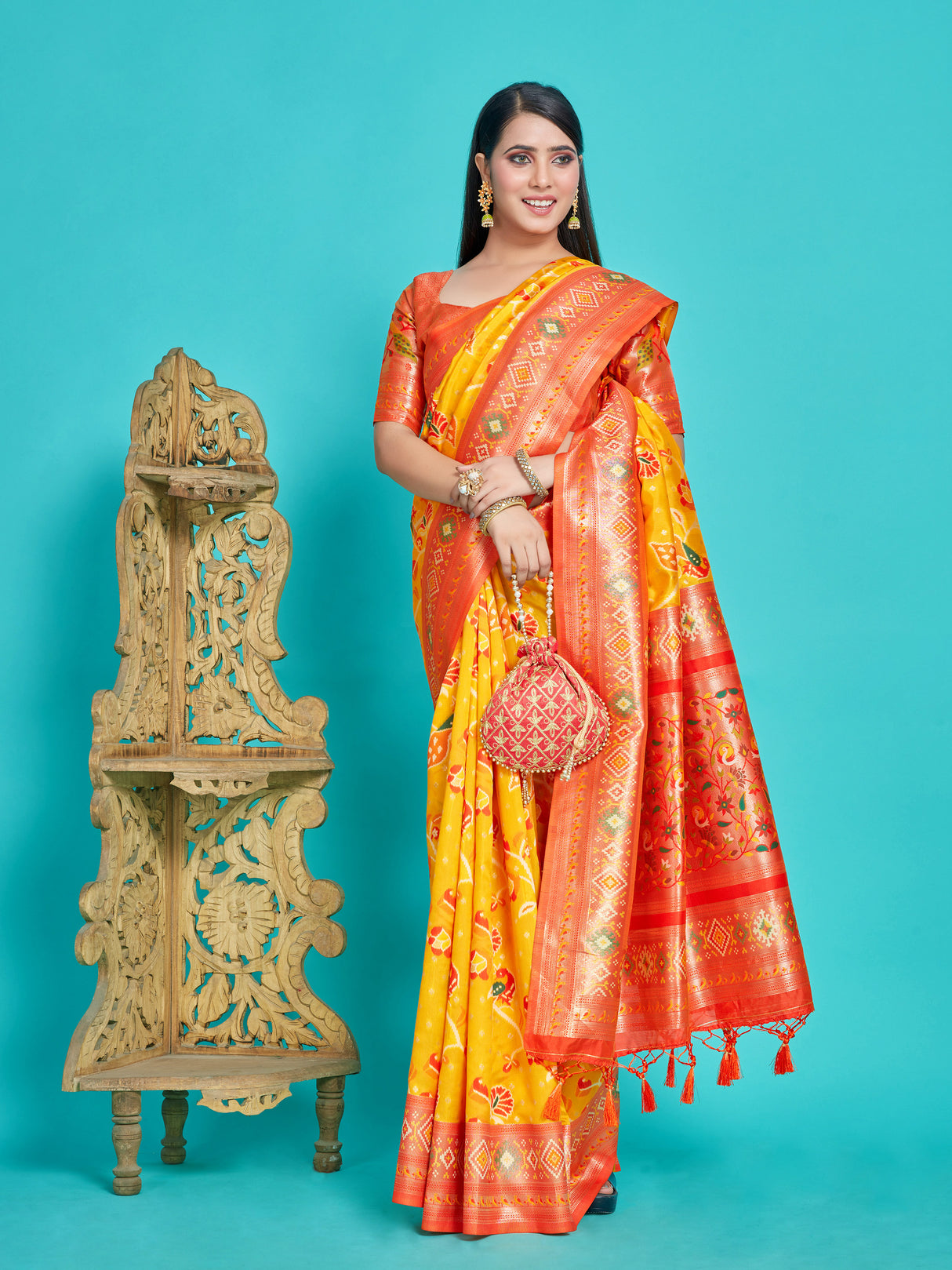 Mimosa Women's Woven Design Kanjivaram Style Art Silk Saree With Blouse Piece : SA00001416GDFREE