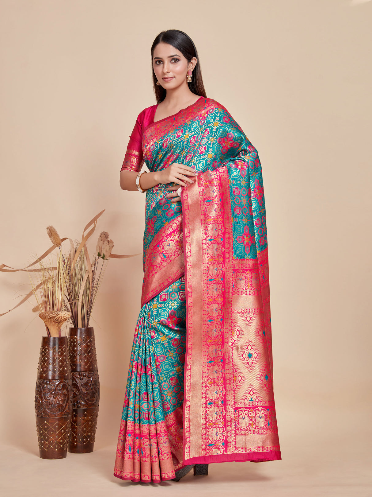 Mimosa Women's Woven Design Patola Style Art Silk Saree With Blouse Piece : SA00001342RMFREE