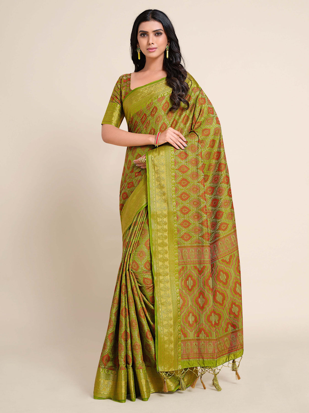 Mimosa Womens Art Silk Saree Kanjivaram Olive Color