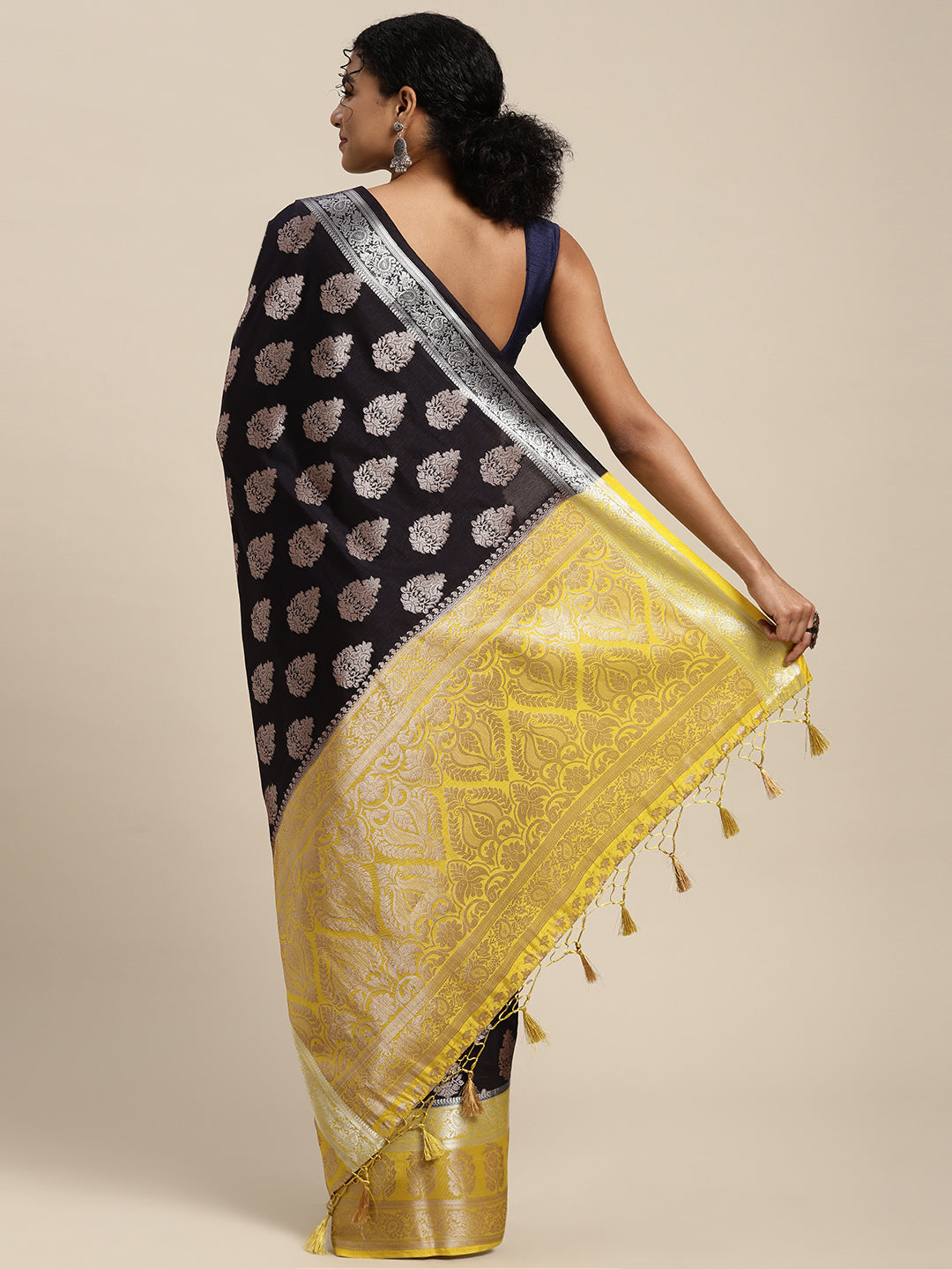 Mimosa Womens Art Silk Saree Kanjivaram Black Color