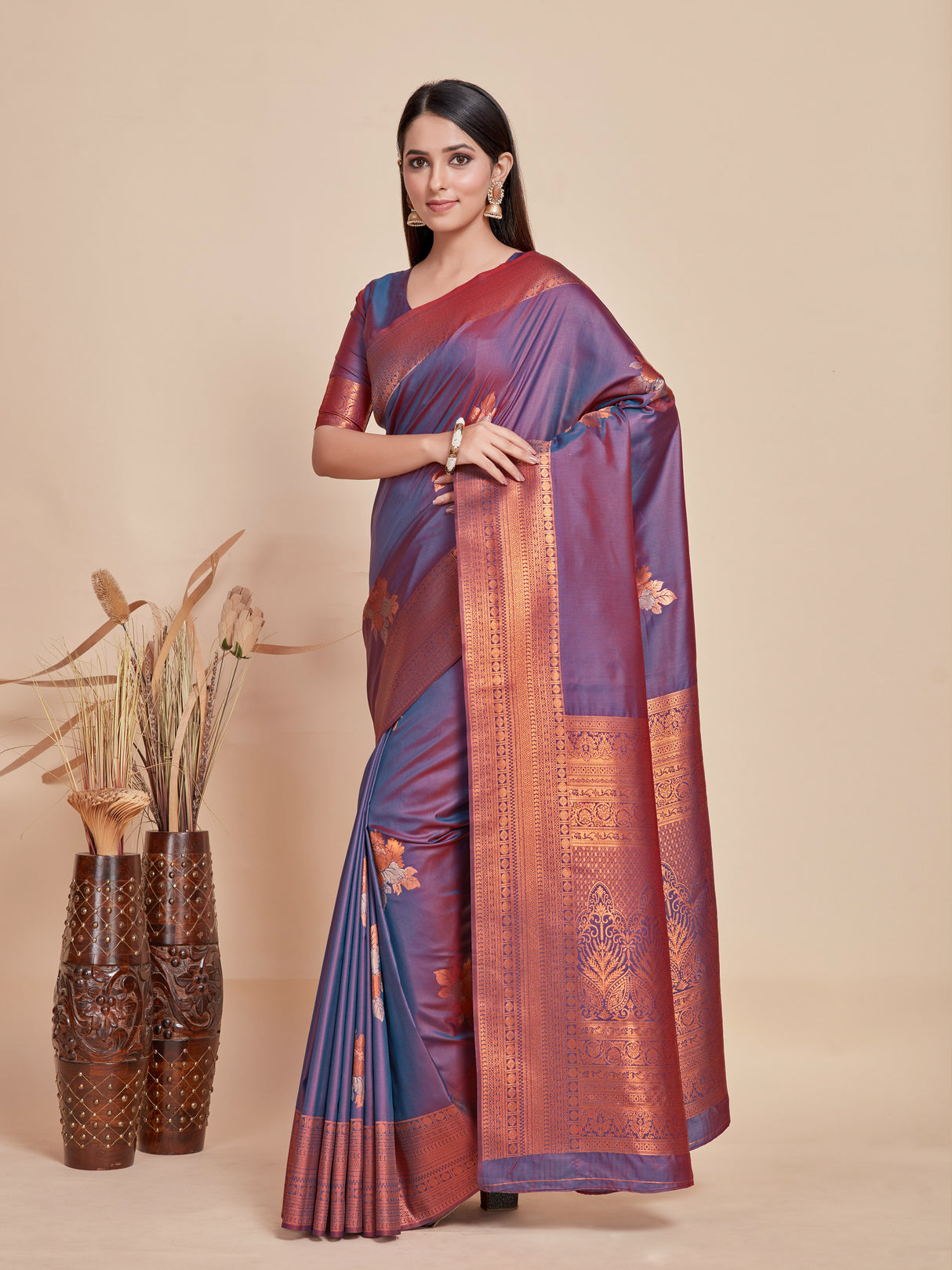 Mimosa Women's Woven Design Kanjivaram Style Art Silk Saree With Blouse Piece : SA00001384GYFREE