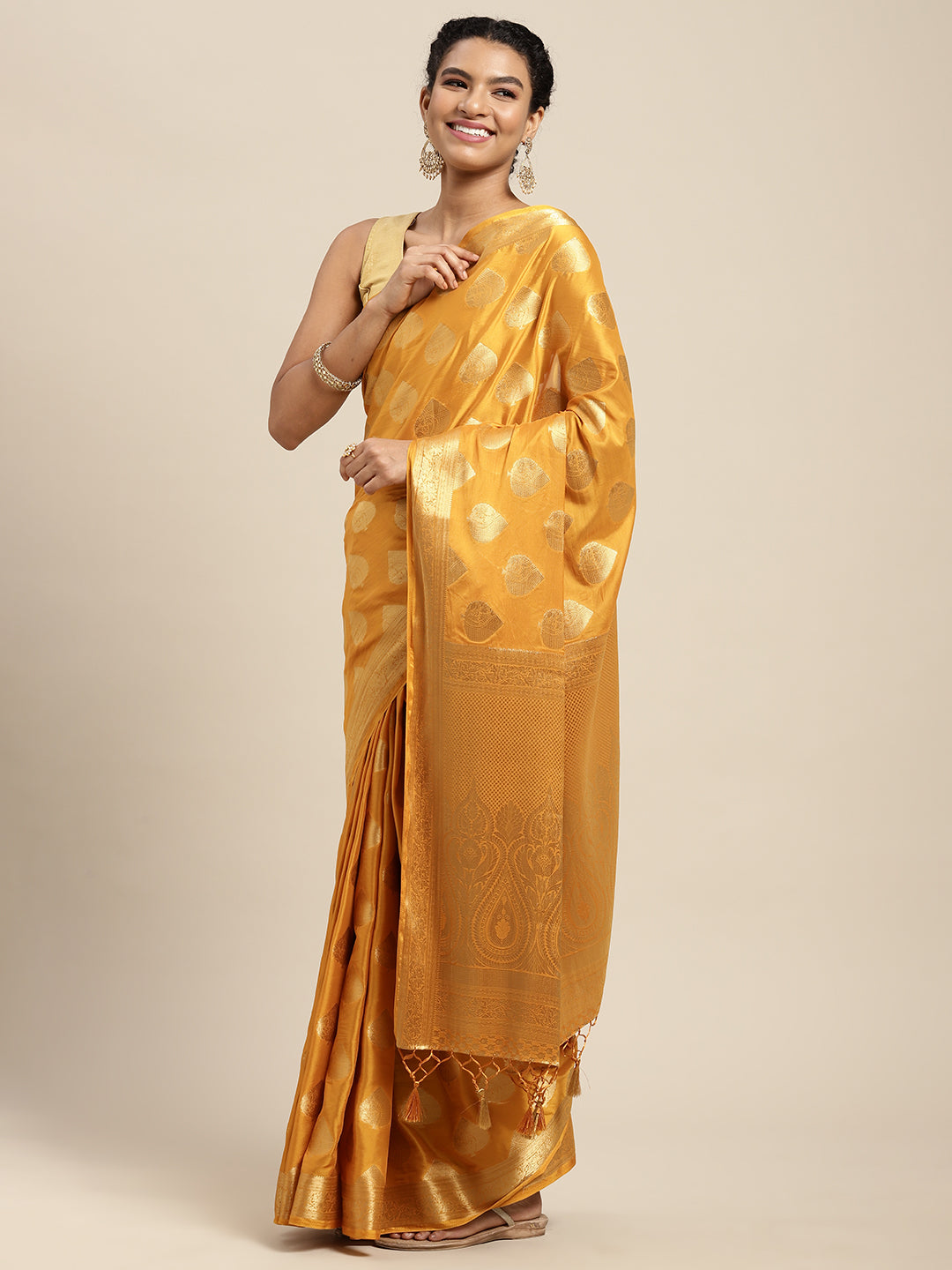 Mimosa Womens Crepe Saree Mysore Silk Mustard Color