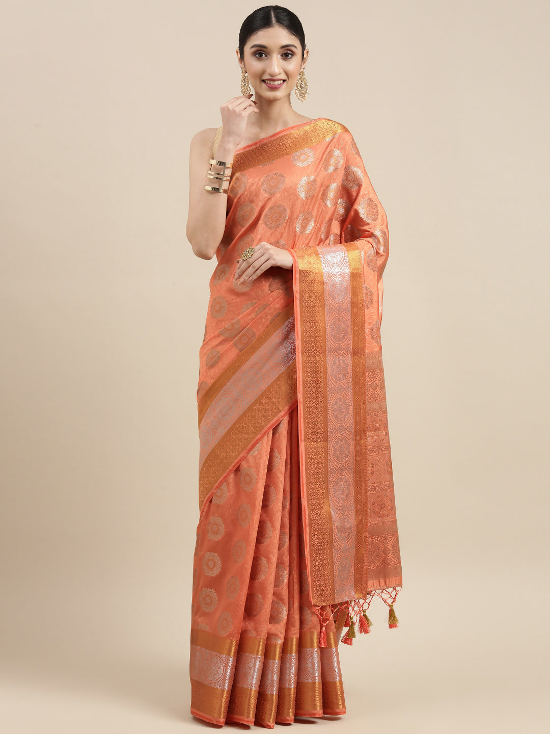 Mimosa Womens Art Silk Saree Kanjivaram Peach Color