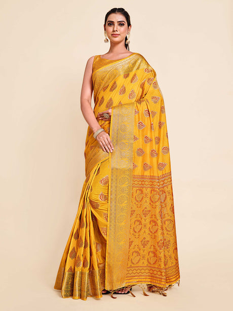 Mimosa Womens Art Silk Saree Kanjivaram Gold Color