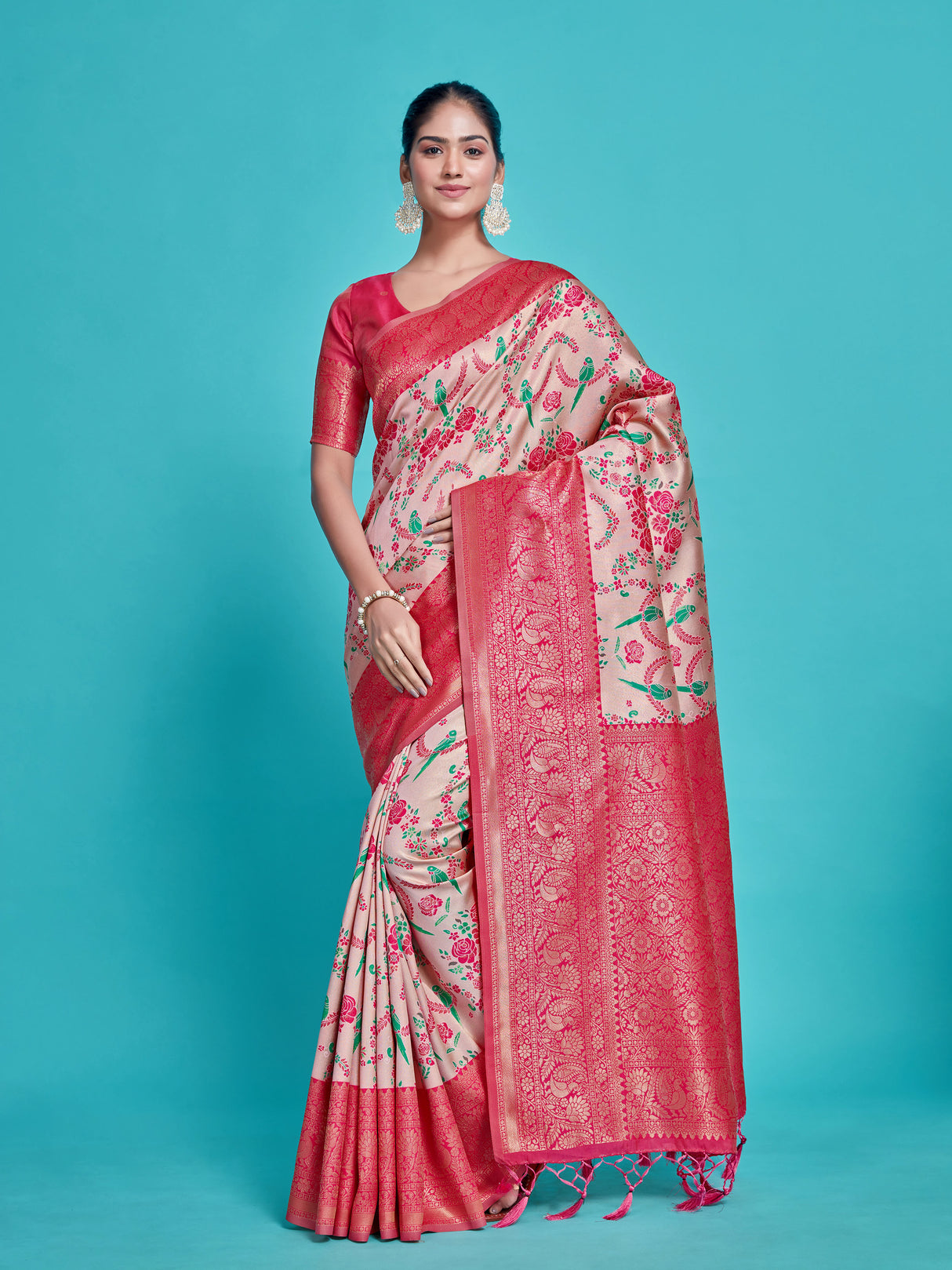 Mimosa Women's Woven Design Kanjivaram Style Art Silk Saree With Blouse Piece : SA00001257PNKFREE