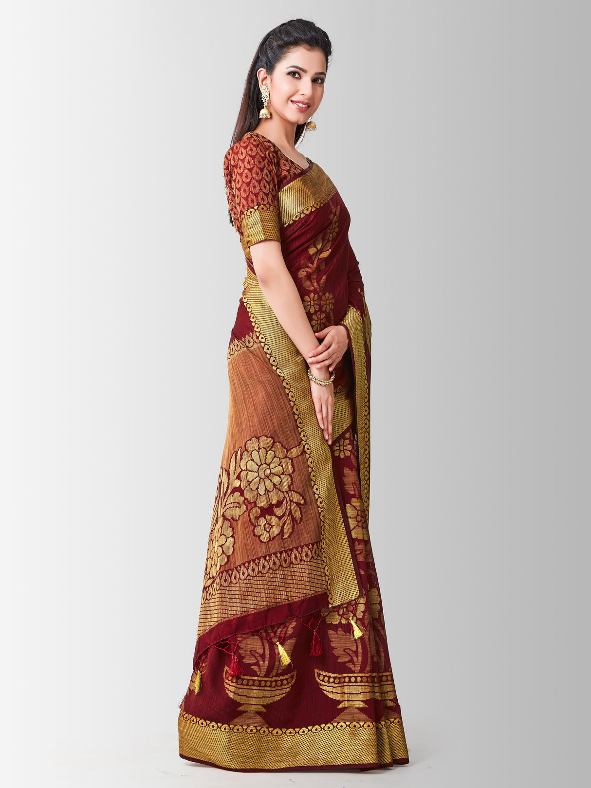 Mimosa Womens Art Silk Saree Kanjivaram Chocolate Color