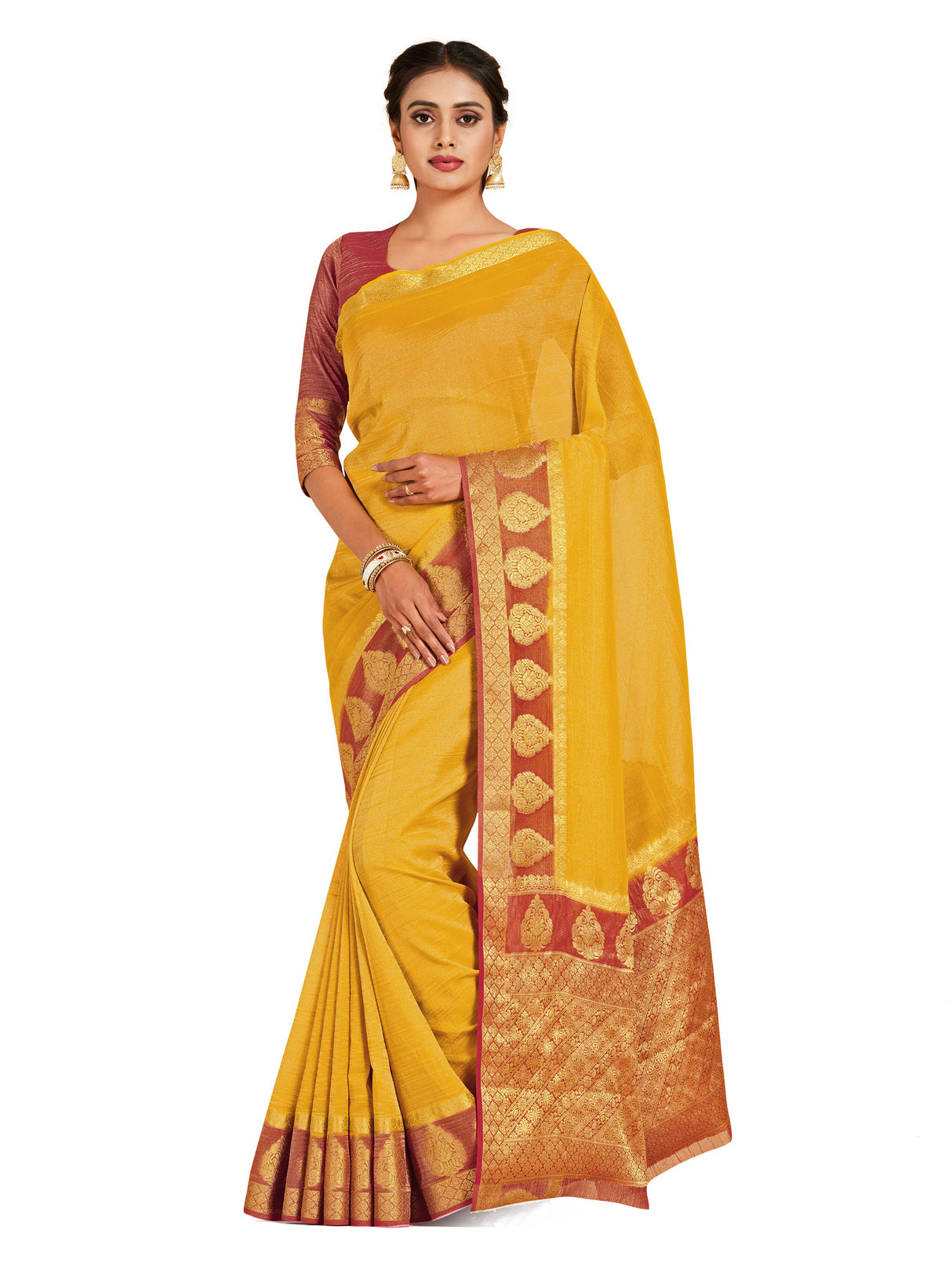 Mimosa Womens Art Silk Saree Kanjivaram style Gold Color