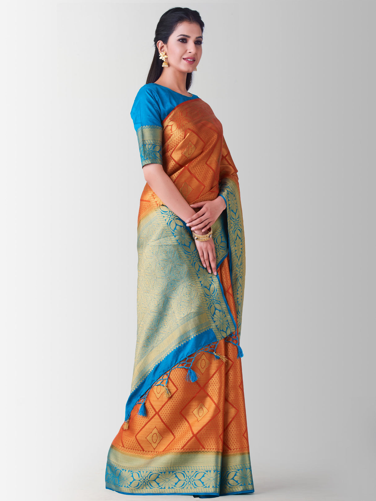 Mimosa Womens Art Silk Saree Kanjivaram Orange Color