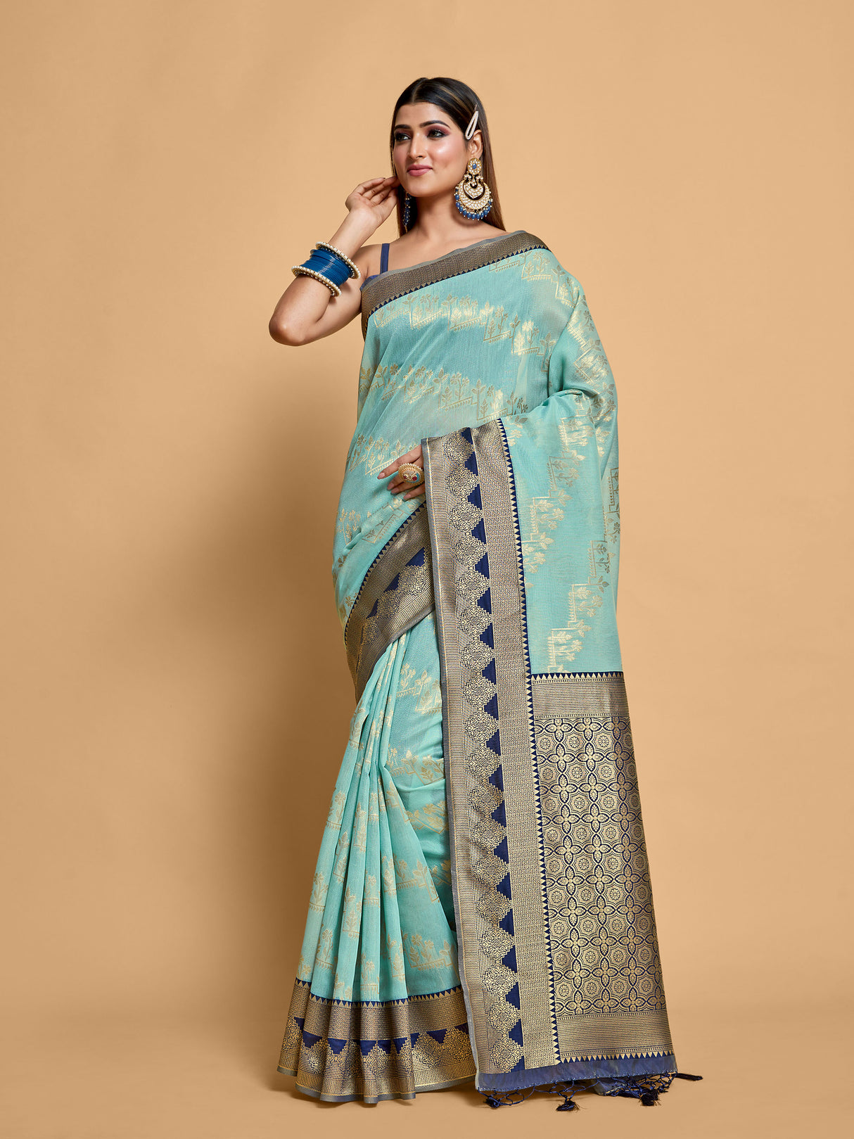 Mimosa Women's Woven Design Kanjivaram Linen Saree With Blouse Piece : SA00001233ANFREE