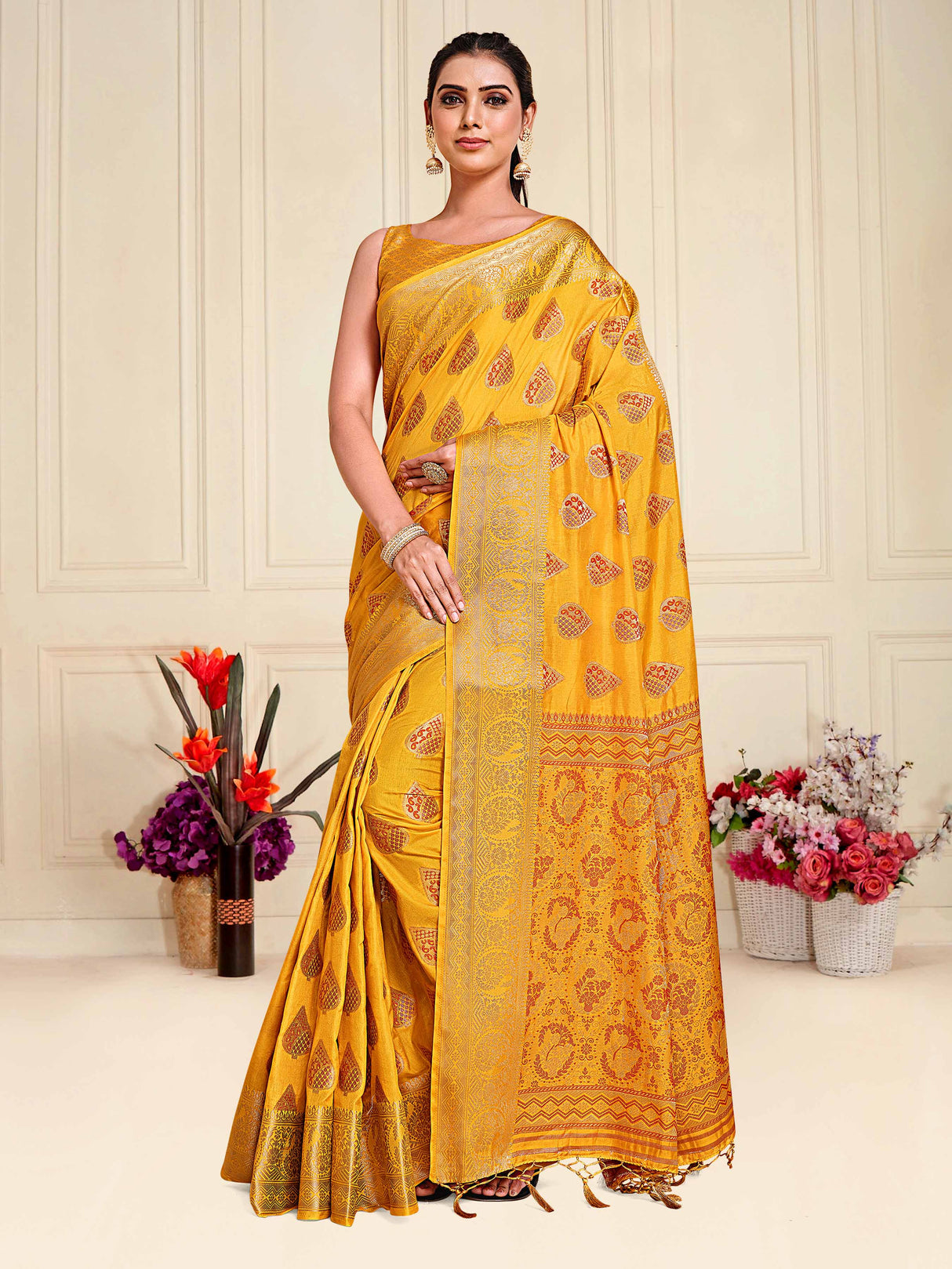 Mimosa Womens Art Silk Saree Kanjivaram Gold Color