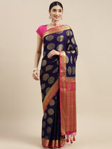 Mimosa Womens Crepe Saree Mysore Silk Navy Blue Color