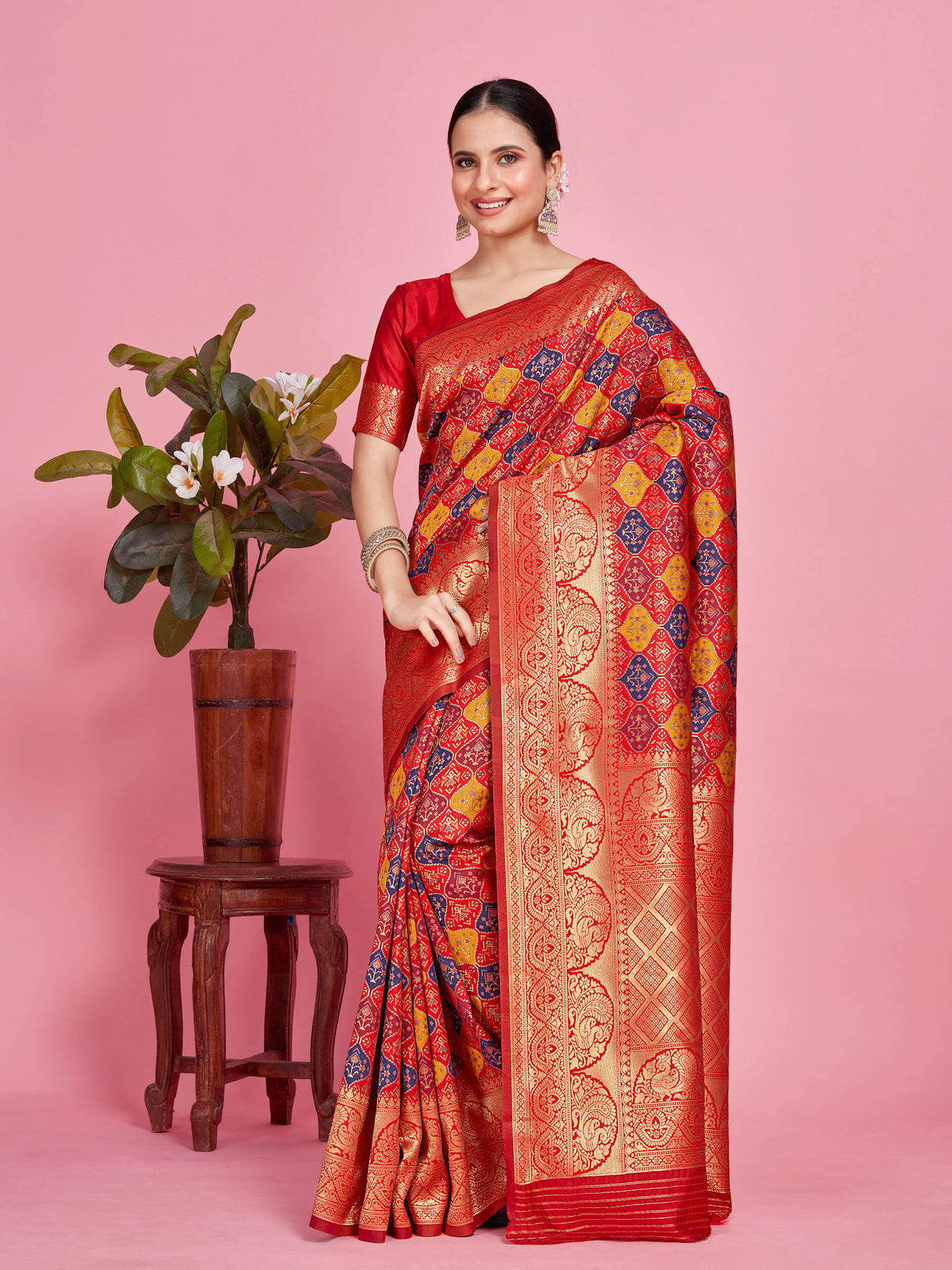 Mimosa Women's Woven Design Patola Style Art Silk Saree With Blouse Piece : SA00001343NVFREE