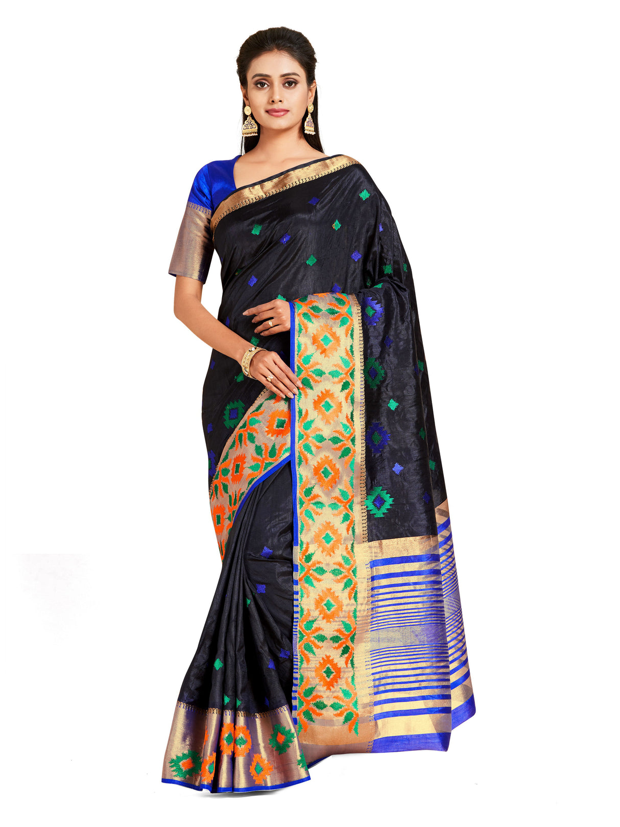 Mimosa Womens Art Silk Saree Kanjivaram style Black Color