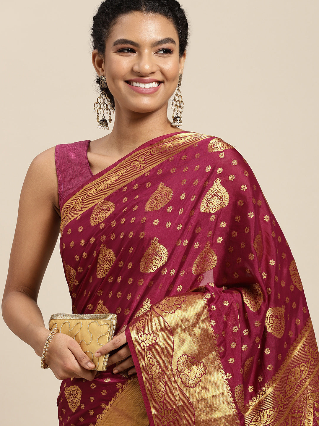 Mimosa Womens Crepe Saree Mysore Silk Wine Color