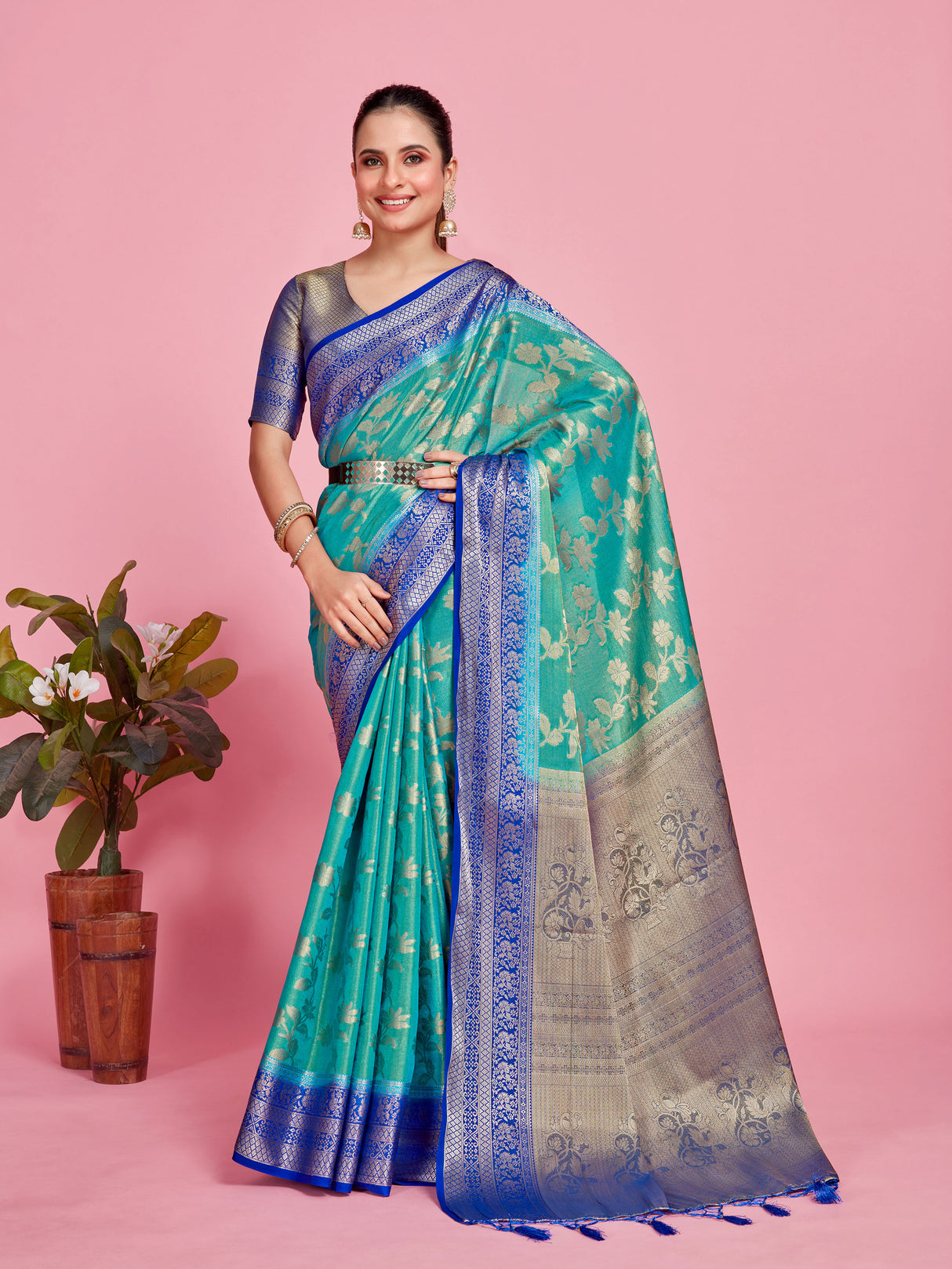 Mimosa Women's Woven Design Kanjivaram Style Art Silk Saree With Blouse Piece : SA0000374ANFREE