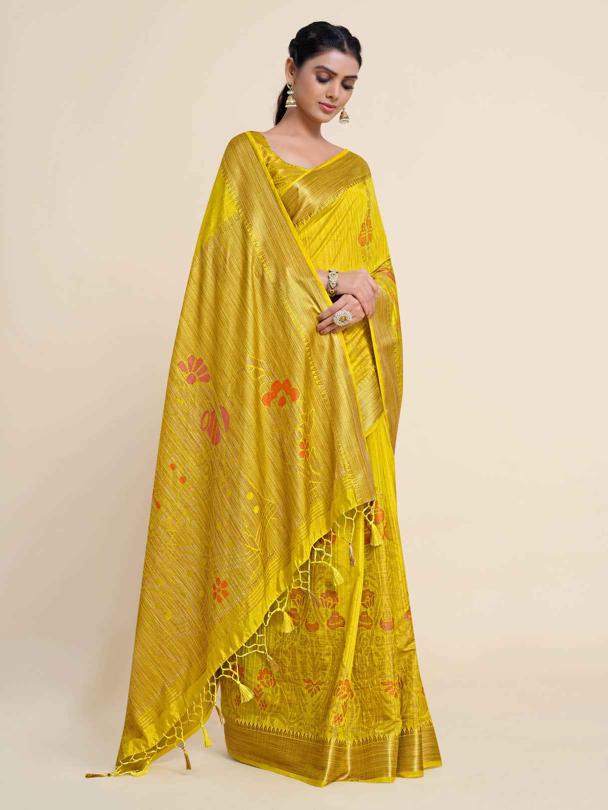 Mimosa Womens Art Silk Saree Kanjivaram Yellow Color