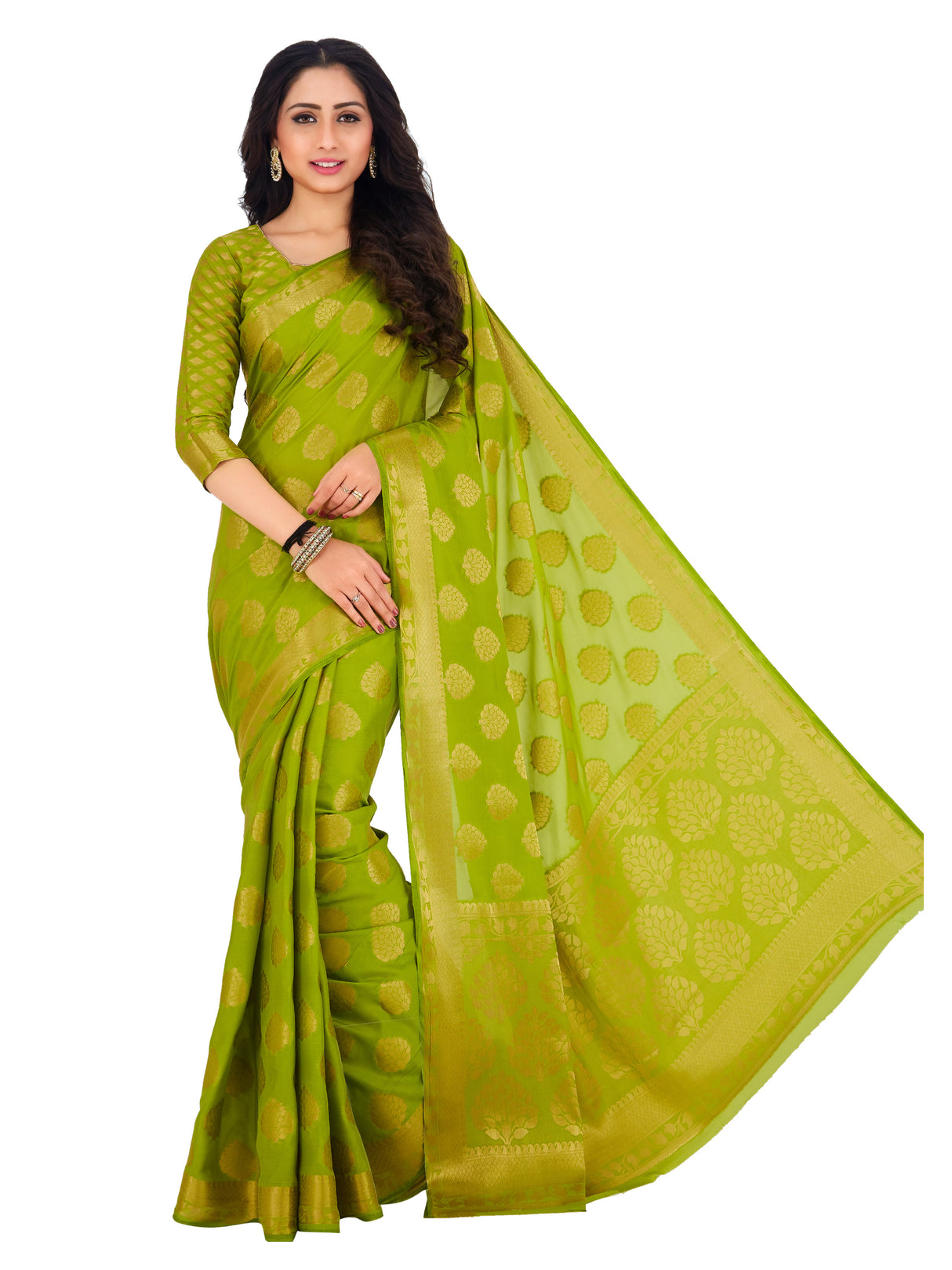 Mimosa Womens Crepe Saree Mysore Silk Olive Color