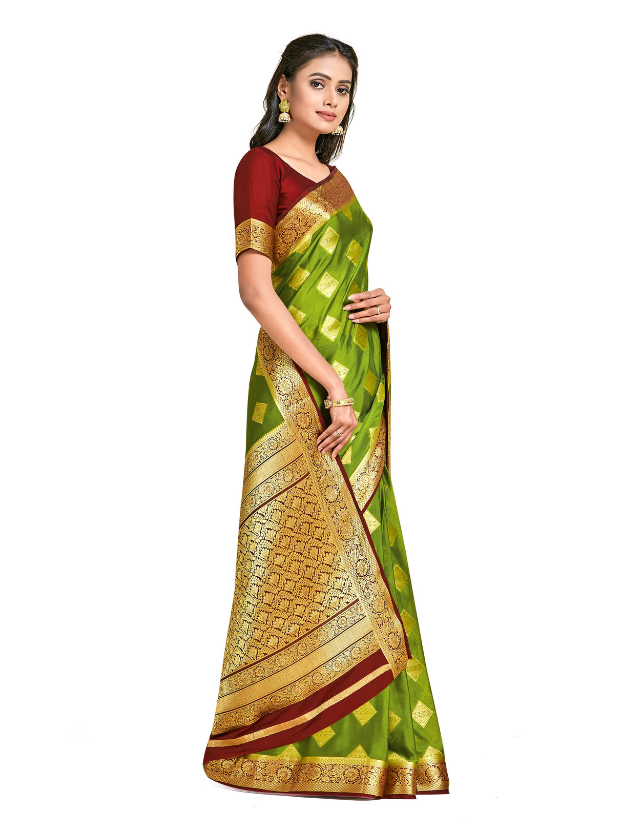 Mimosa Womens Crepe Saree Mysore Silk Olive Color