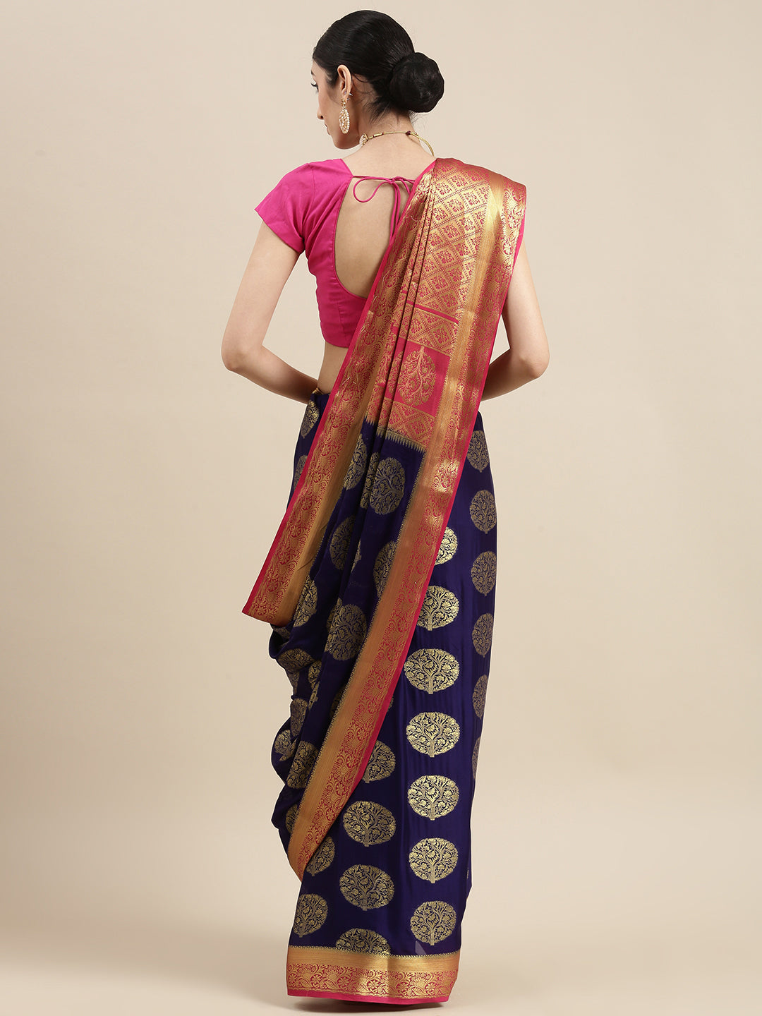 Mimosa Womens Crepe Saree Mysore Silk Navy Blue Color