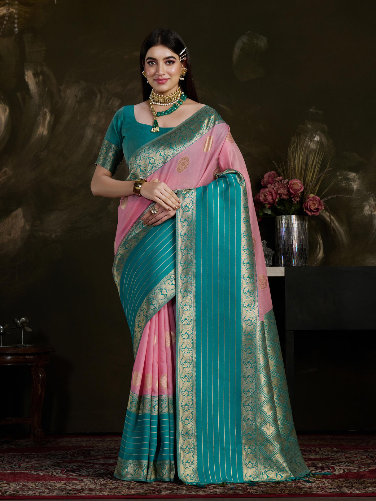 Mimosa Women's Woven Design Kanjivaram Style Art Silk Saree With Blouse Piece : SA0000869PNK