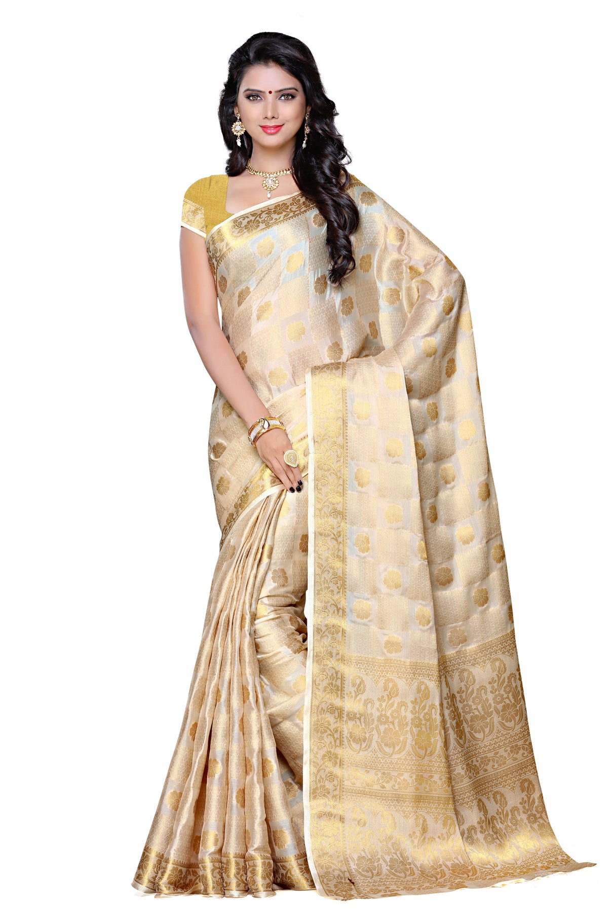 Mimosa Womens Chiffon Saree Kanjivaram Halfwhite Color