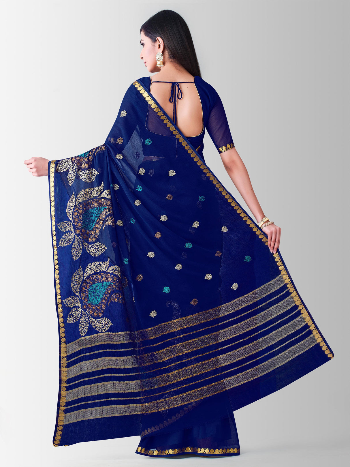 Mimosa Womens Chiffon Saree Banarasi style Navy Blue Color