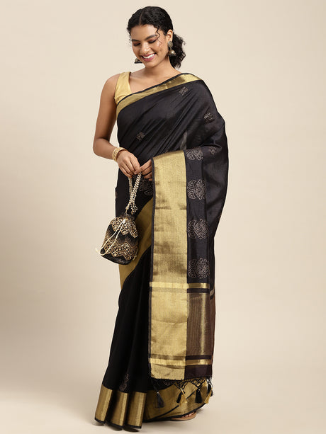 Mimosa Womens Art Silk Saree Kanjivaram Black Color