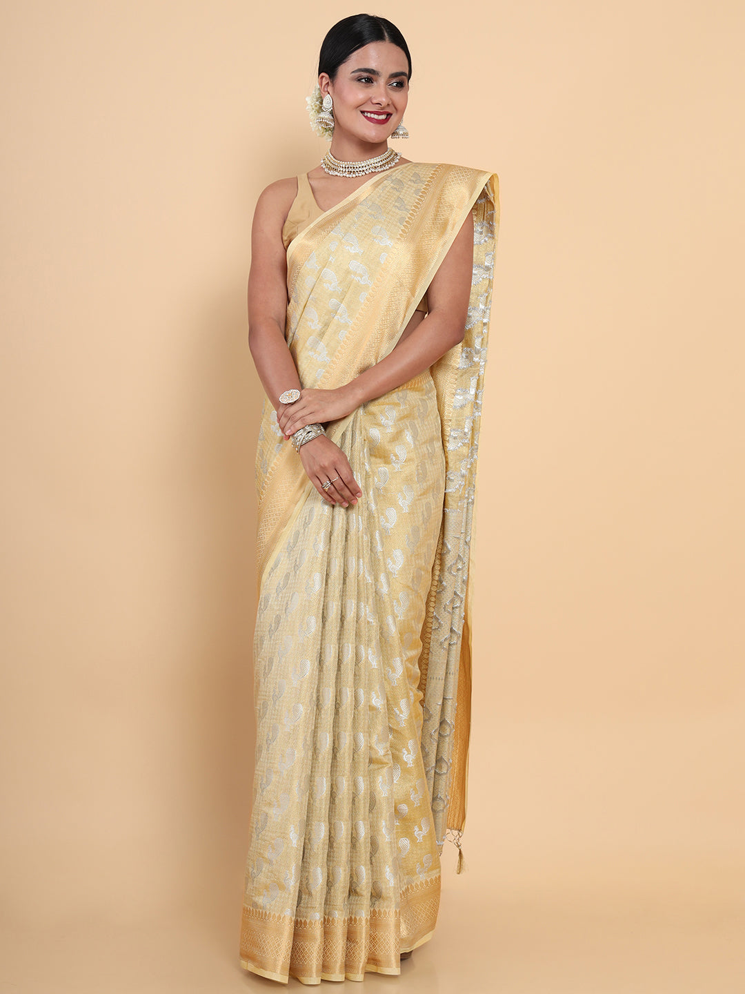 Mimosa Womens Art Silk Saree Kasavu Cream Color