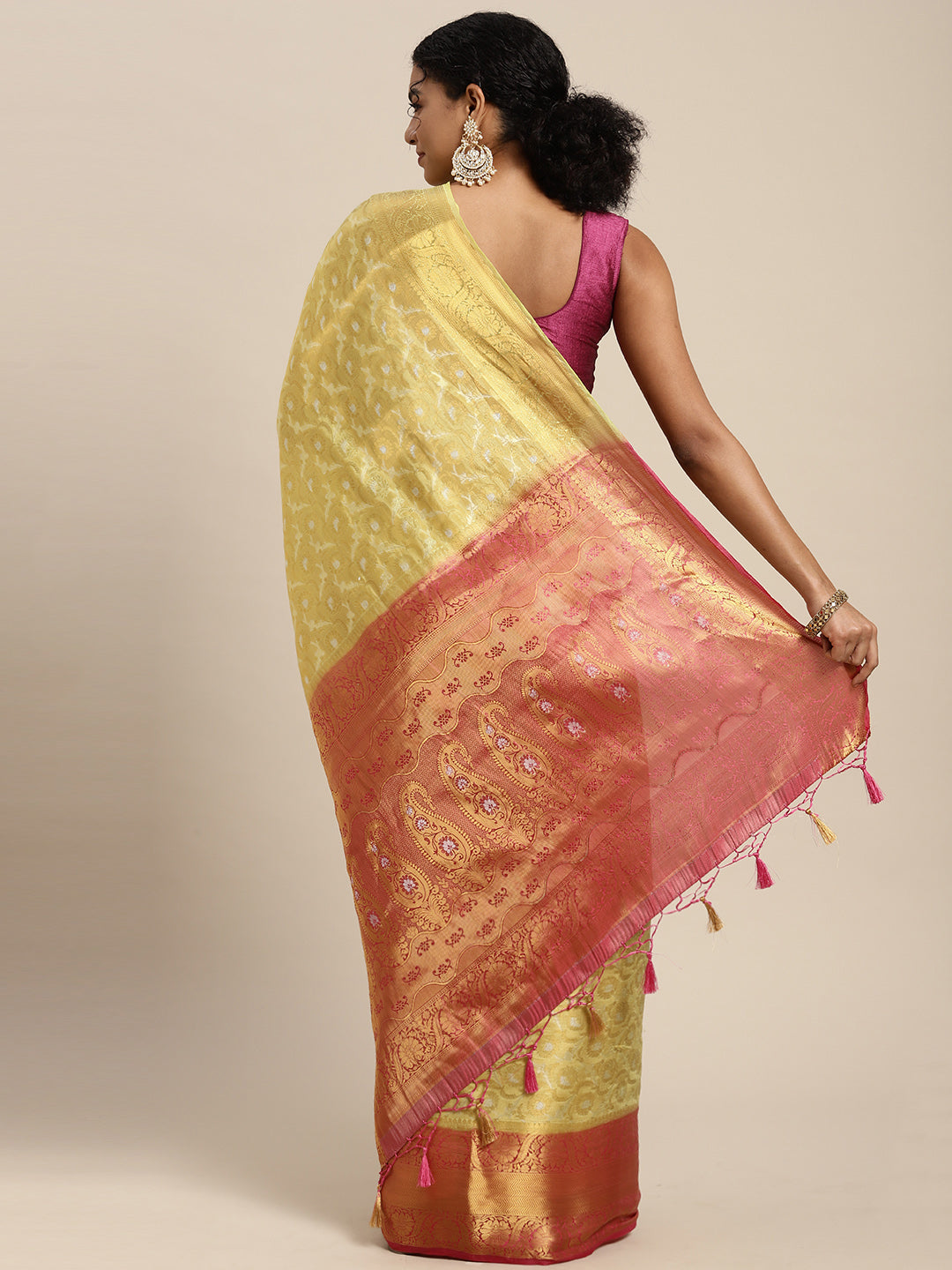 Mimosa Womens Art Silk Saree Kanjivaram Yellow Color