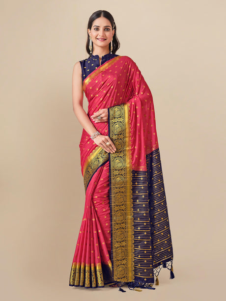 Mimosa Womens Crepe Saree Mysore Silk style Strawberry Color