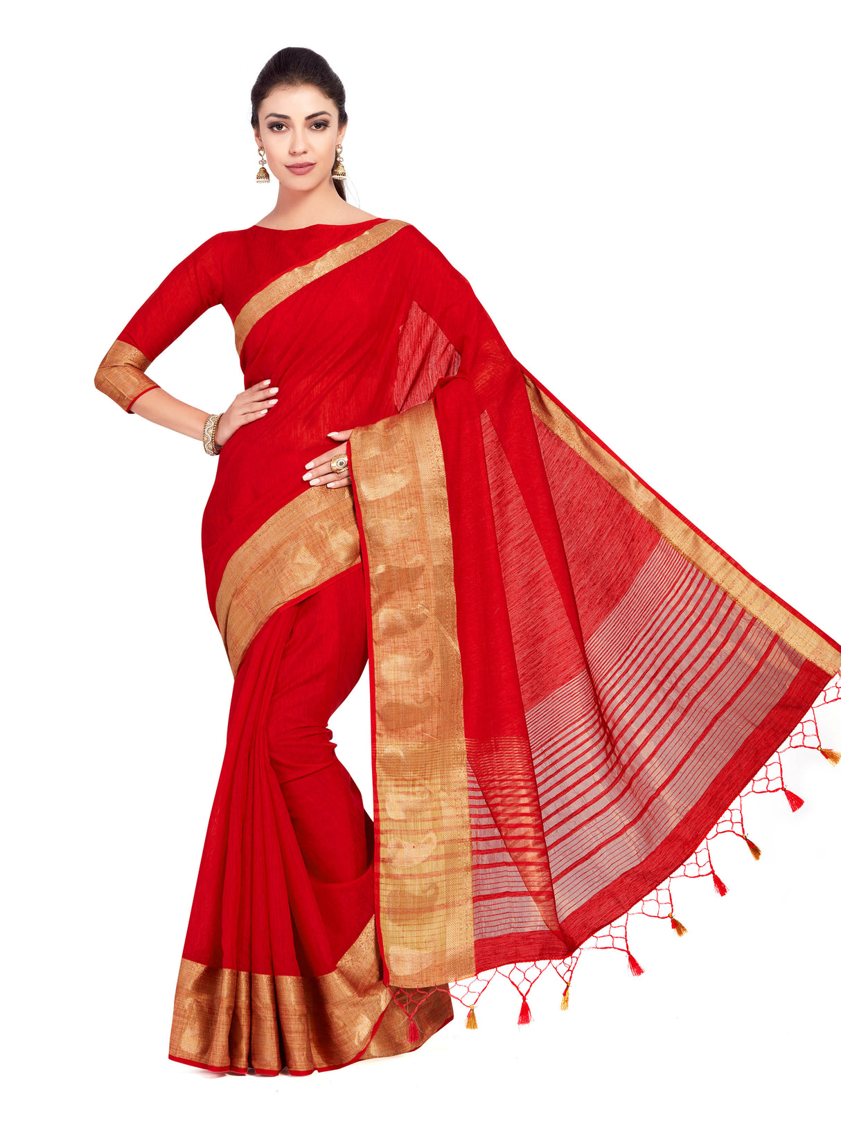 Mimosa Womens Linen Saree Kanjivaram style Red Color