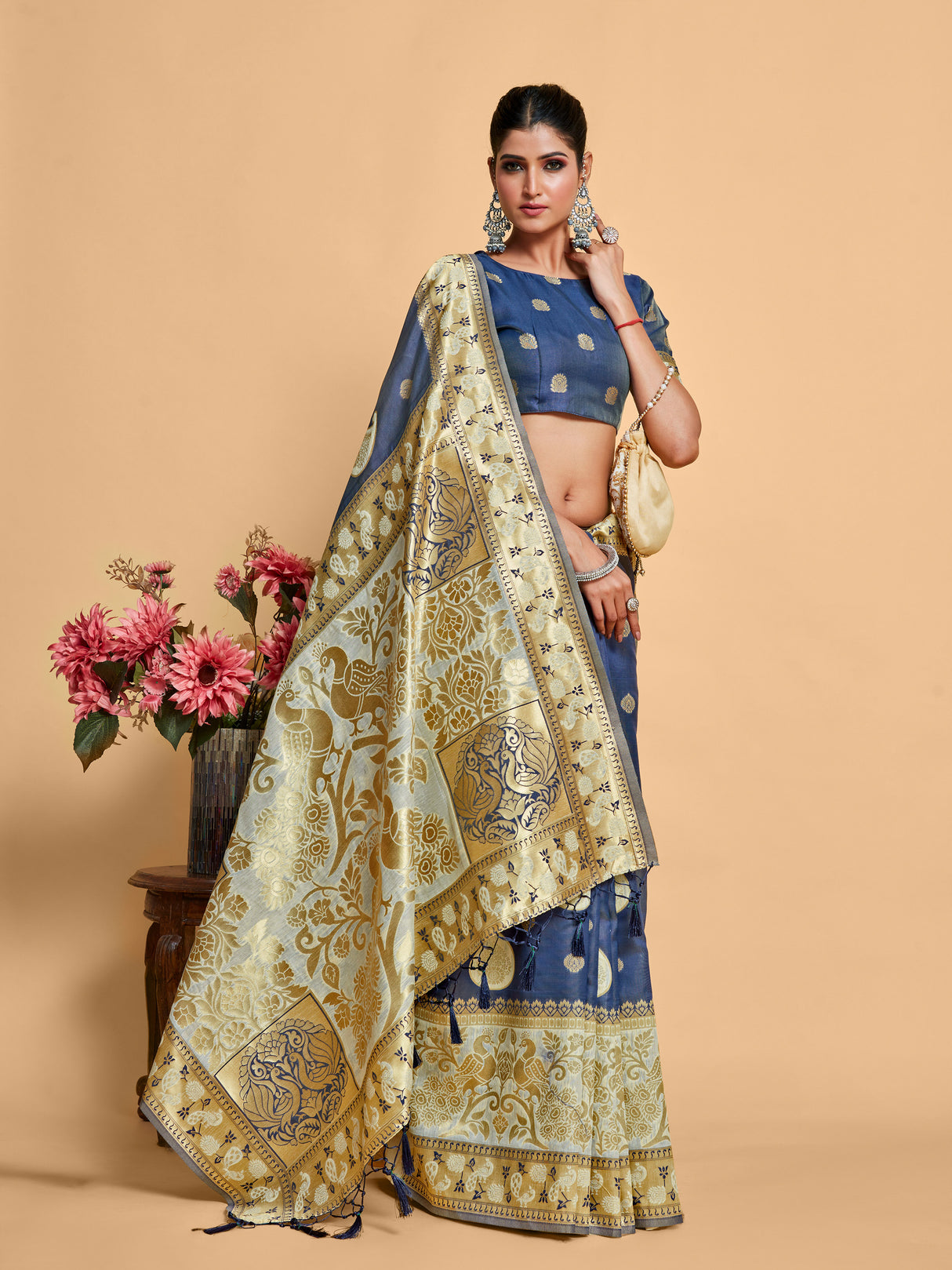 Mimosa Women's Woven Design Kanjivaram Art Silk Saree With Blouse Piece : SA00001246NVFREE