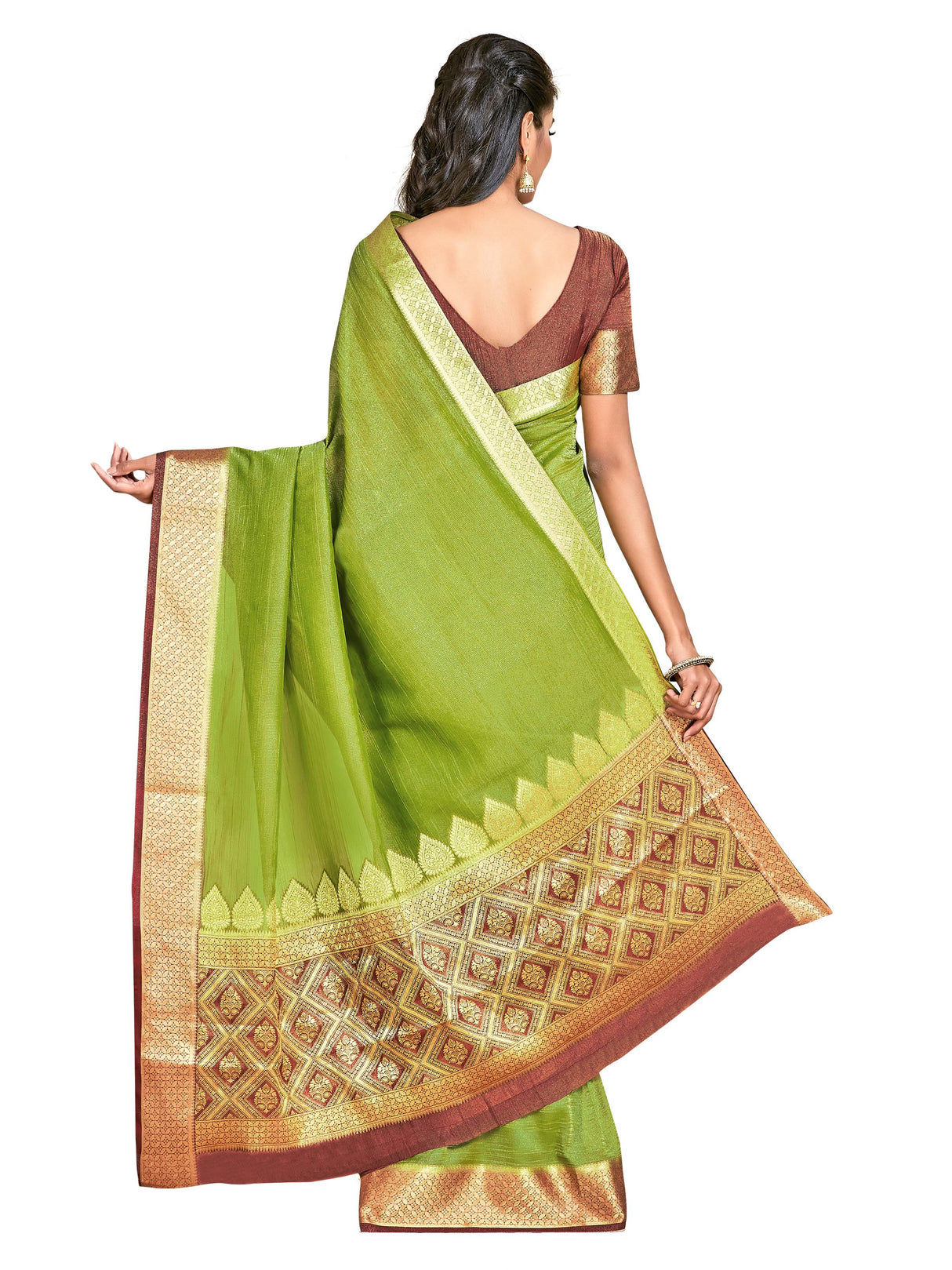 Mimosa Womens Art Silk Saree Kanjivaram style Olive Color