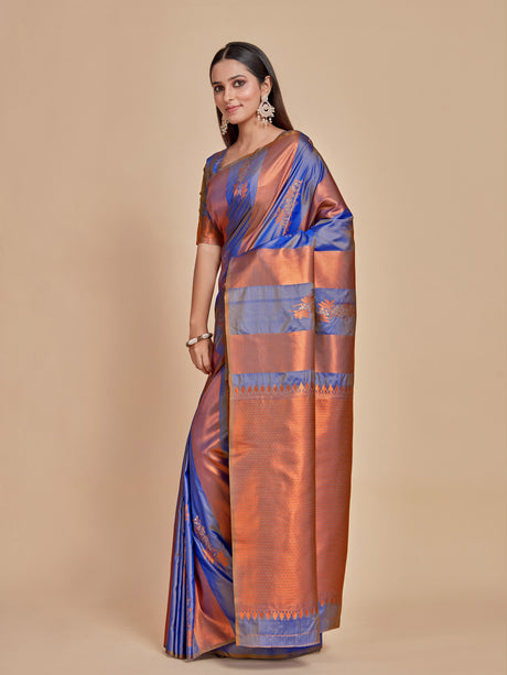 Mimosa Women's Woven Design Kanjivaram Style Art Silk Saree With Blouse Piece : SA00001383BLUFREE