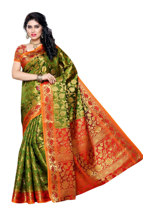 Mimosa Womens Art Silk Saree Kanjivaram Olive Color