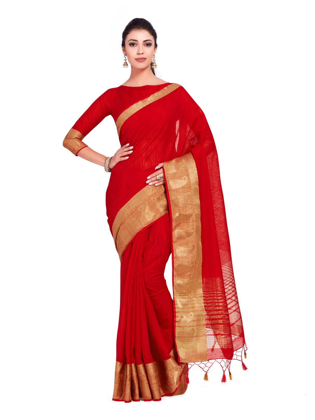 Mimosa Womens Linen Saree Kanjivaram style Red Color