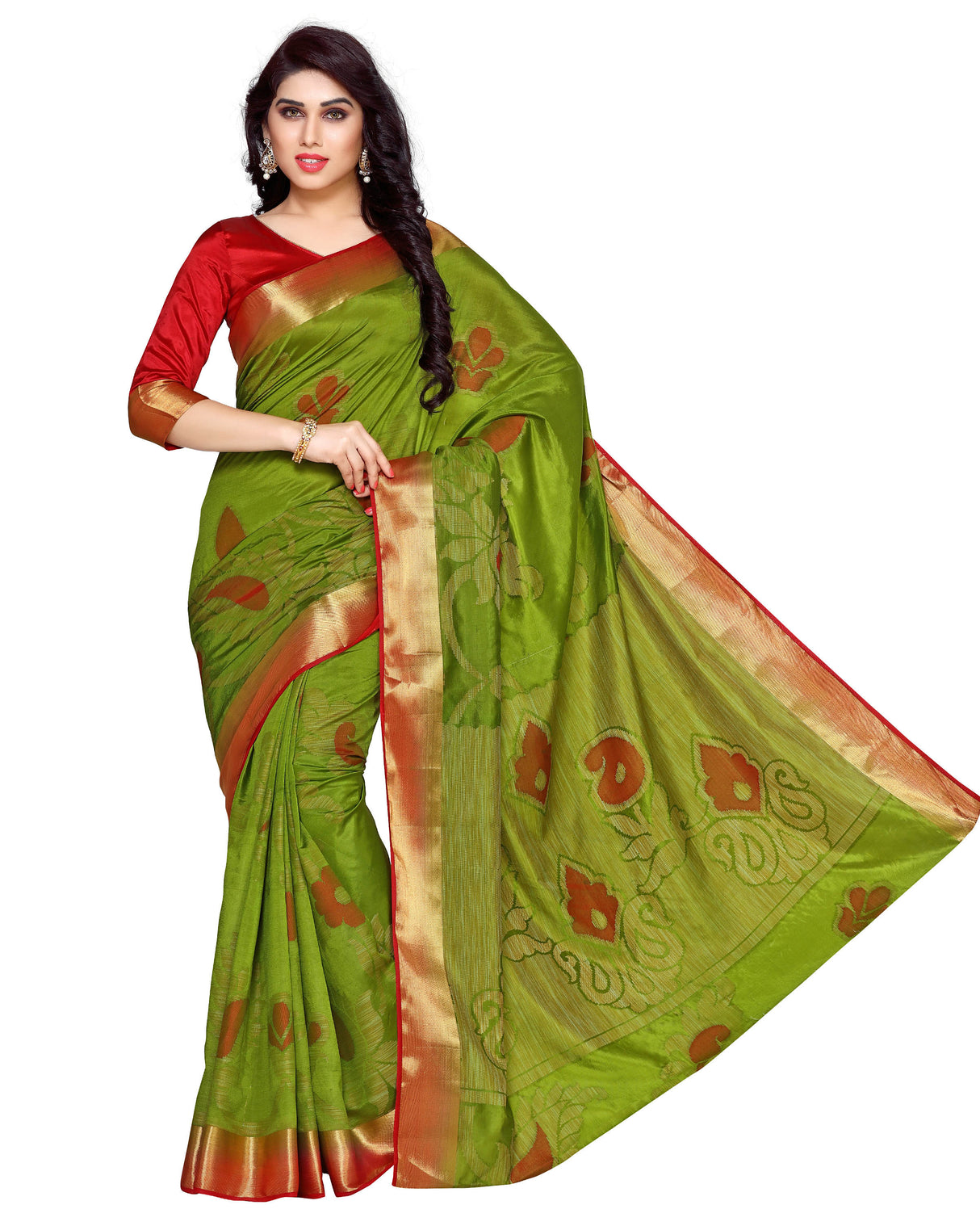 Mimosa Womens Art Silk Saree Kanjivaram Olive Color