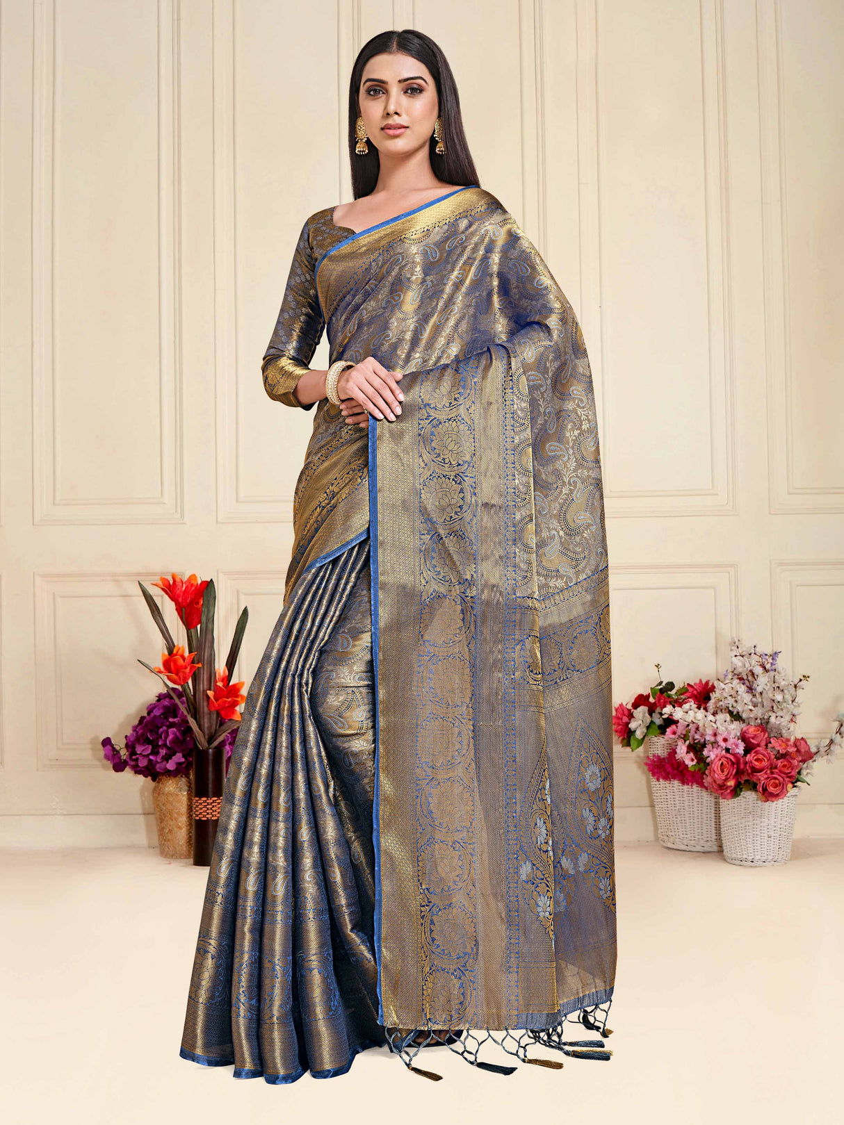 Mimosa Womens Art Silk Saree Kanjivaram Grey Color