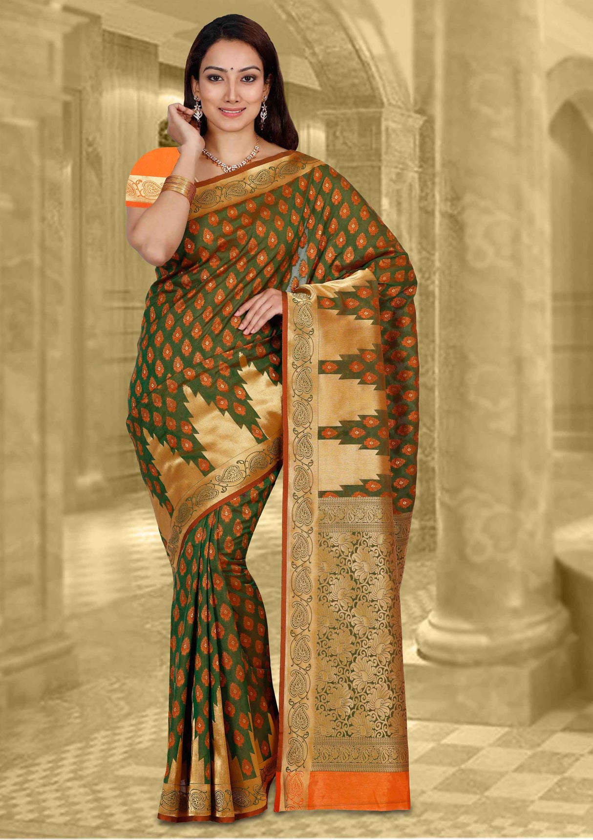 Mimosa Womens Art Silk Saree Kanjivaram Orange Color