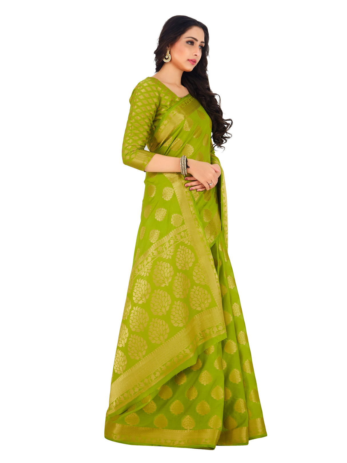 Mimosa Womens Crepe Saree Mysore Silk Olive Color