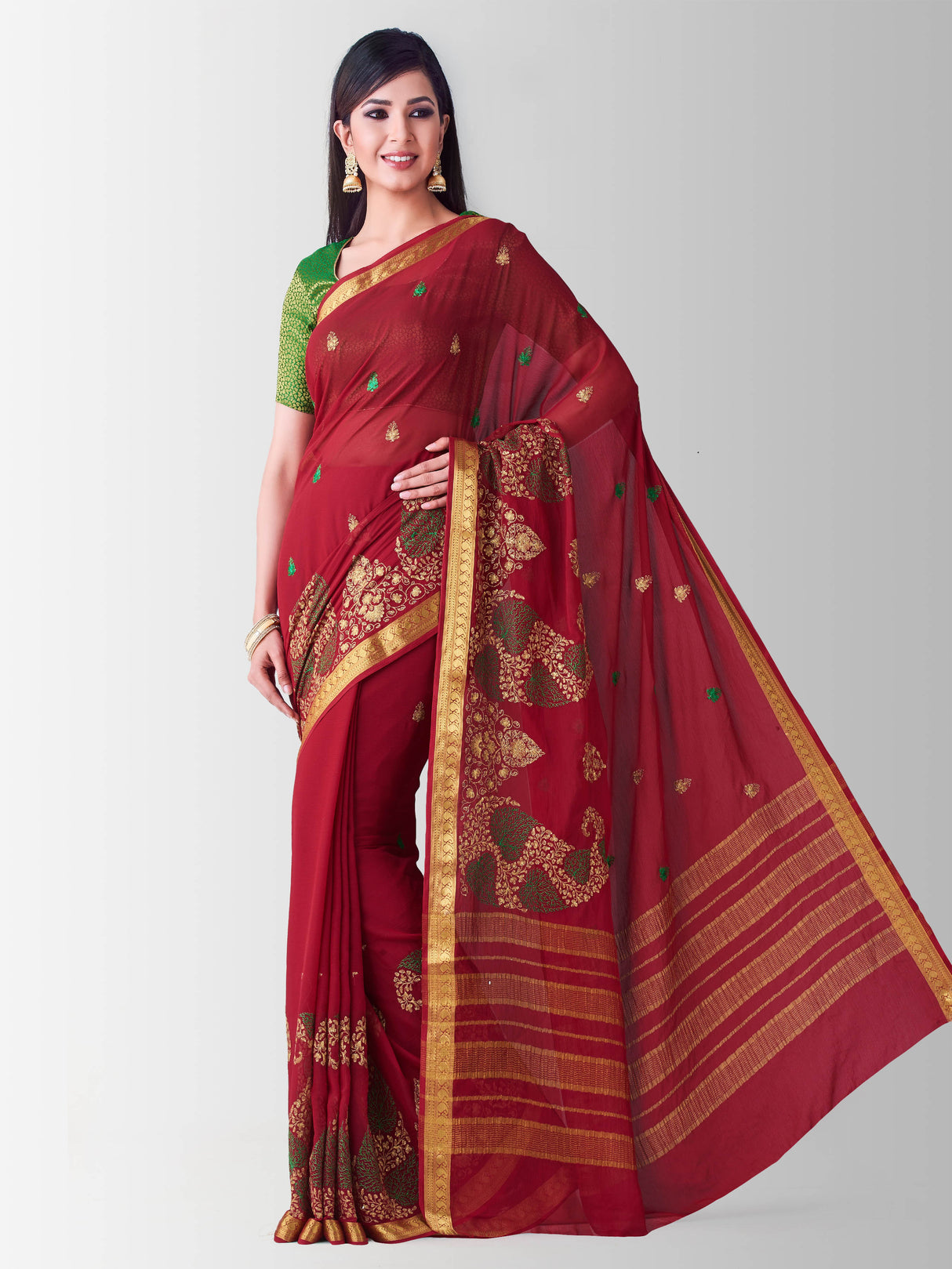 Mimosa Womens Chiffon Saree Banarasi Maroon Color