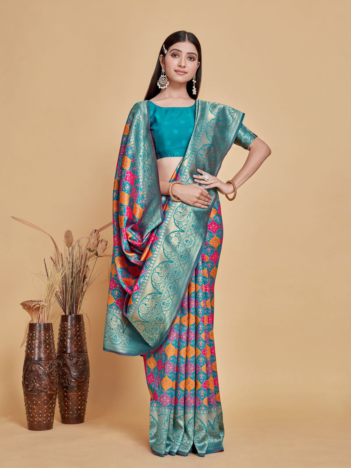 Mimosa Women's Woven Design Patola Style Art Silk Saree With Blouse Piece : SA00001343RMFREE