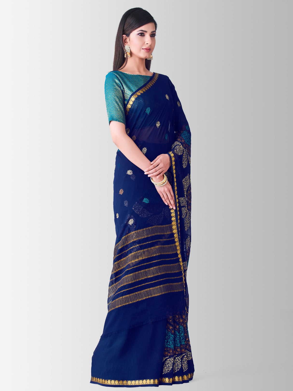 Mimosa Womens Chiffon Saree Banarasi style Navy Blue Color