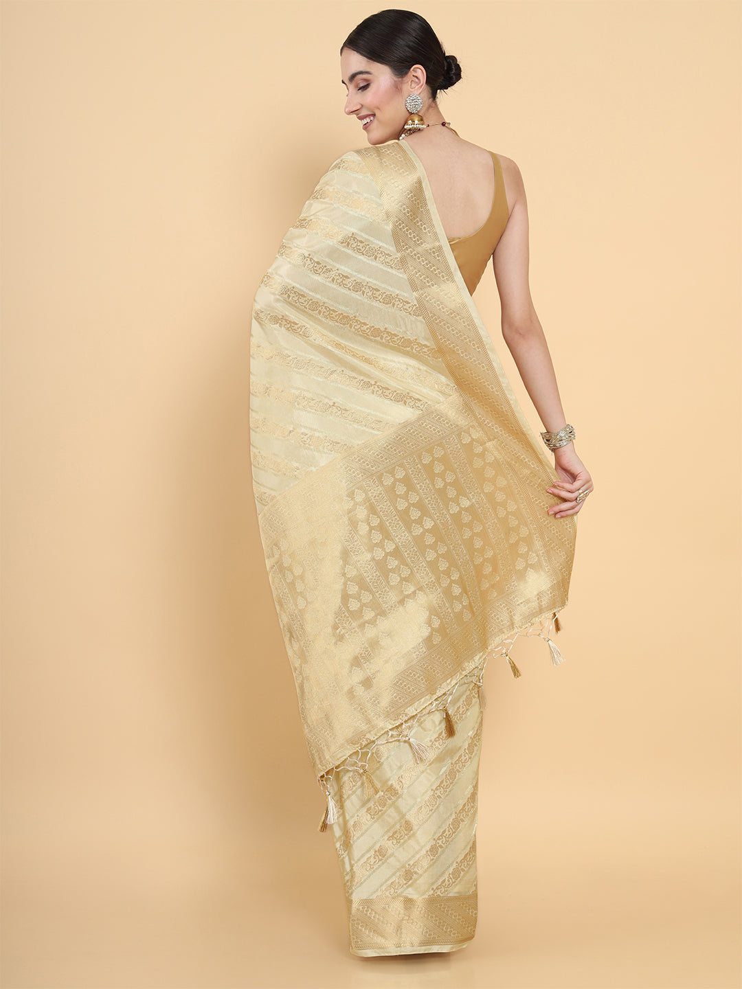 Mimosa Womens Art Silk Saree Kasavu Cream Color