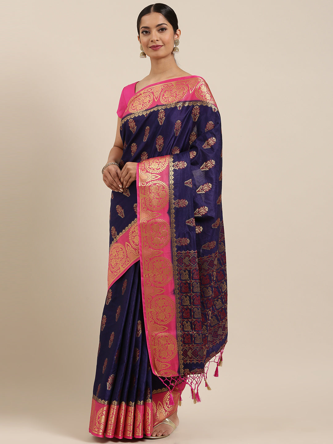 Mimosa Womens Art Silk Saree Kanjivaram Navy Blue Color