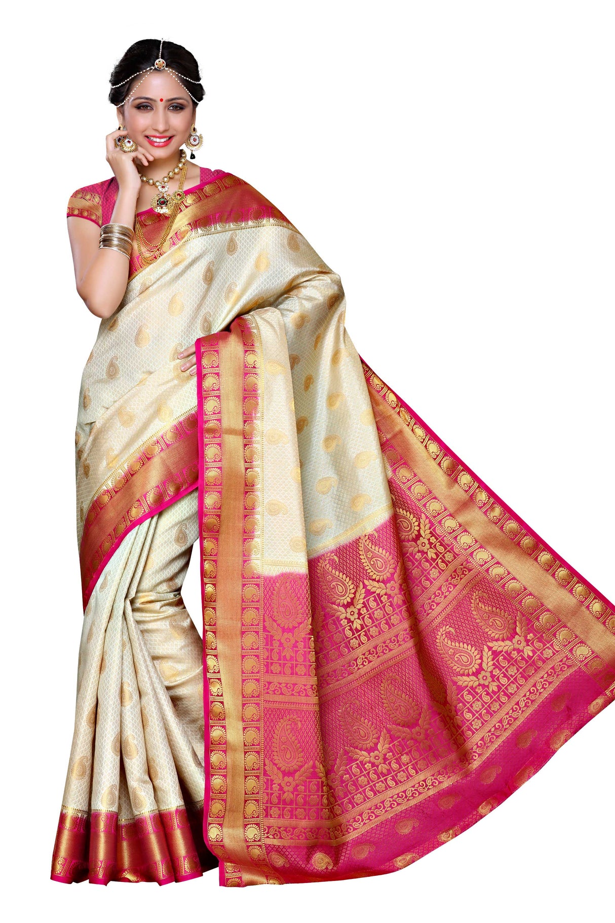 Mimosa Womens Art Silk Saree Kanjivaram Halfwhite Color