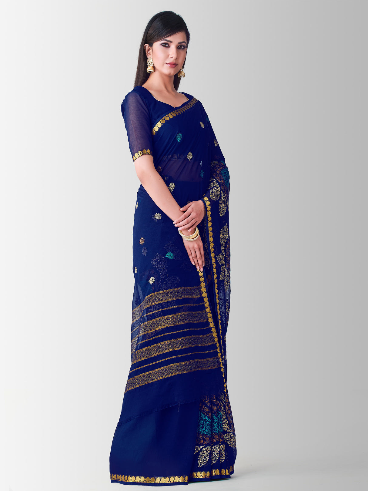 Mimosa Womens Chiffon Saree Banarasi style Navy Blue Color