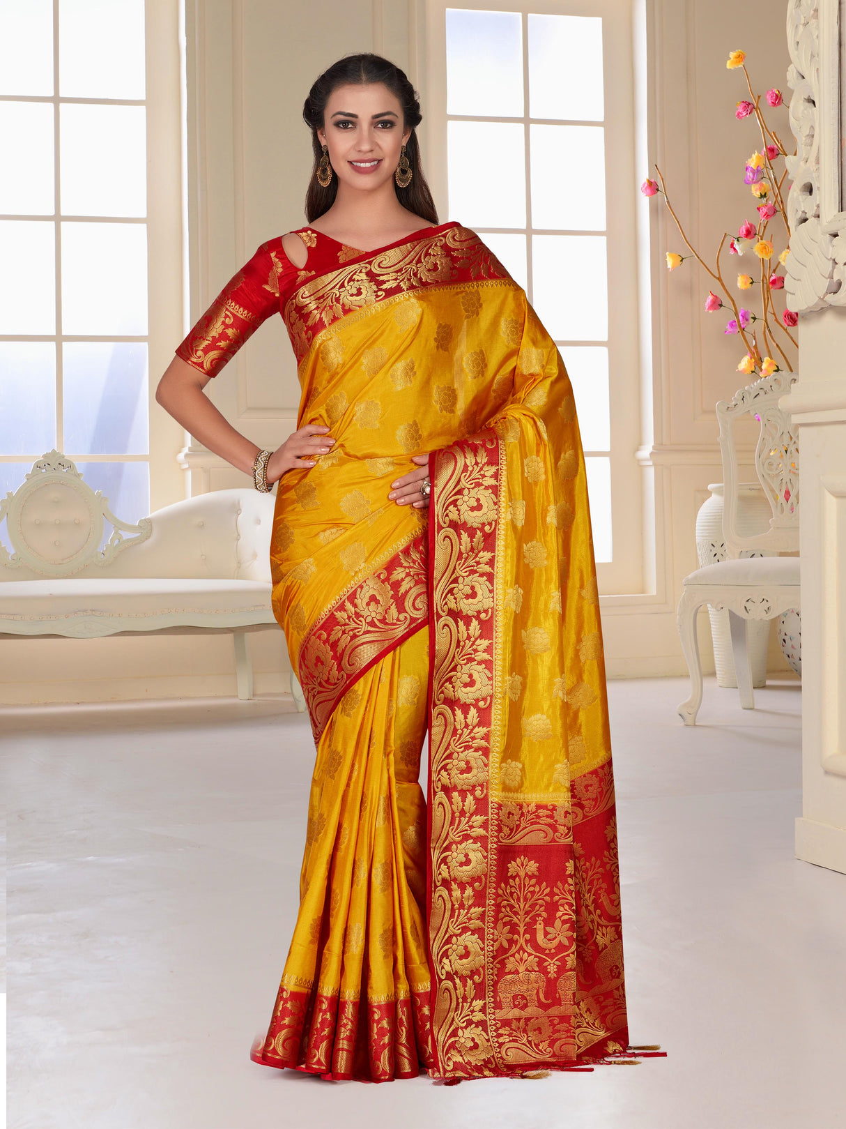 Mimosa Womens Art Silk Saree Kanjivaram Mustard Color